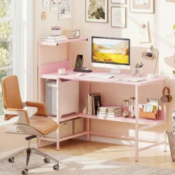 Modern Office Desk with Charging Station 48 Inch Computer Table with USB Type C Power Outlets Mesh Shelves Storage and Hook Work Desk
