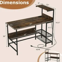 Modern Office Desk with Charging Station 48 Inch Computer Table with USB Type C Power Outlets Mesh Shelves Storage and Hook Work Desk
