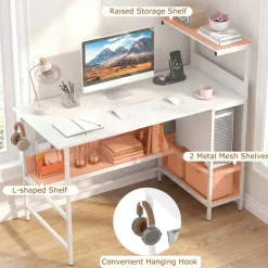Modern Office Desk with Charging Station 48 Inch Computer Table with USB Type C Power Outlets Mesh Shelves Storage and Hook Work Desk