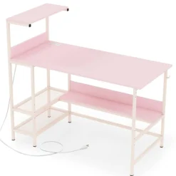 Modern Office Desk with Charging Station 48 Inch Computer Table with USB Type C Power Outlets Mesh Shelves Storage and Hook Work Desk