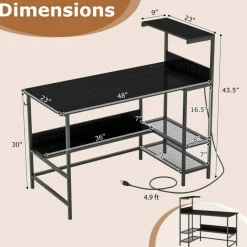 Modern Office Desk with Charging Station 48 Inch Computer Table with USB Type C Power Outlets Mesh Shelves Storage and Hook Work Desk