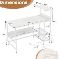Modern Office Desk with Charging Station 48 Inch Computer Table with USB Type C Power Outlets Mesh Shelves Storage and Hook Work Desk