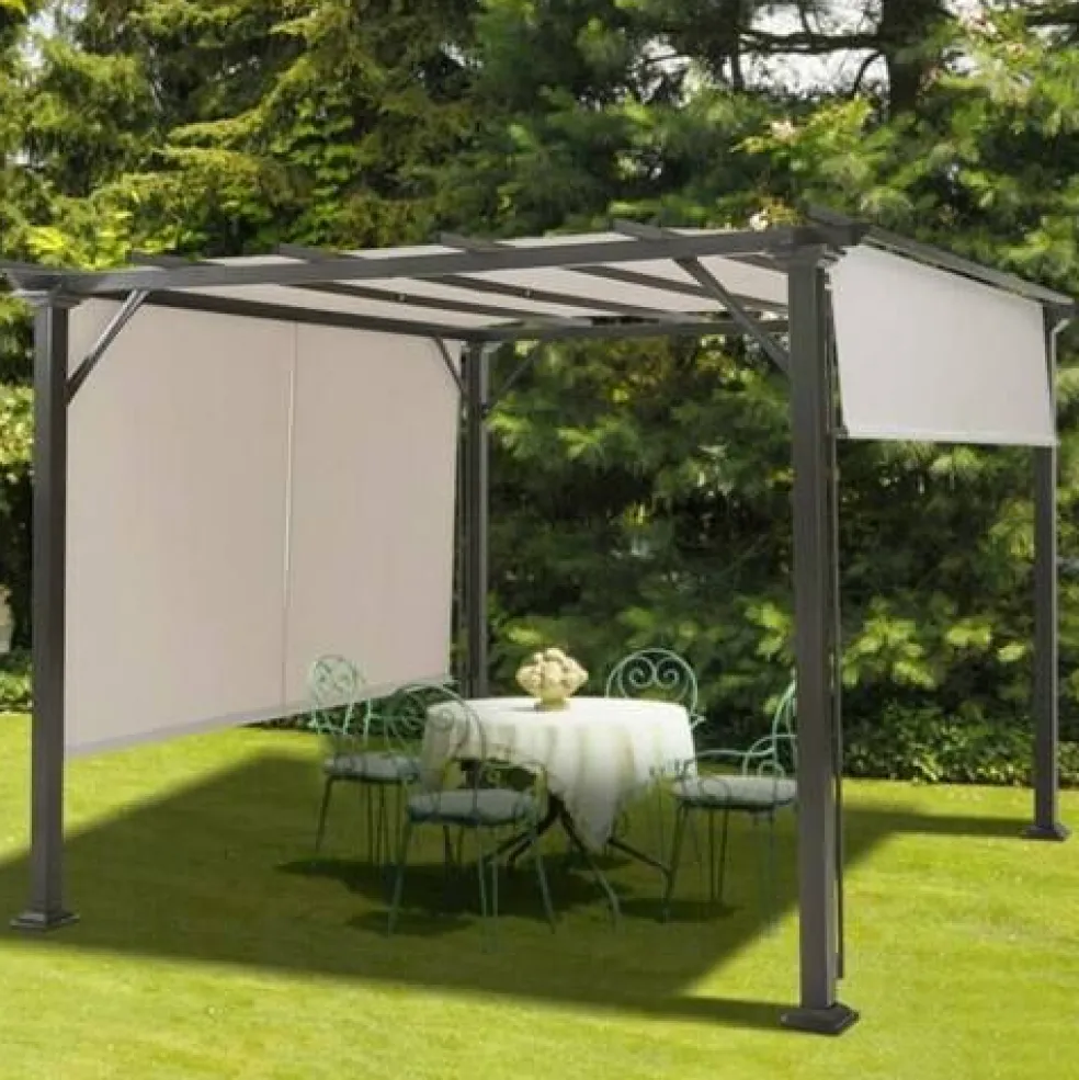 Modern 10x10 Ft Metal Frame Pergola Gazebo with Beige Retractable Canopy for Backyard Patio
