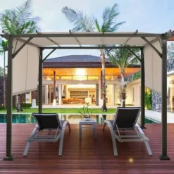 Modern 10x10 Ft Metal Frame Pergola Gazebo with Beige Retractable Canopy for Backyard Patio