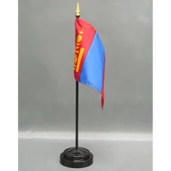 Mongolia Desk Flag with Base; American Made Rayon 4x6 inch Miniature Table Set Includes One Small Mini Country Stick Flags and One Black Stand