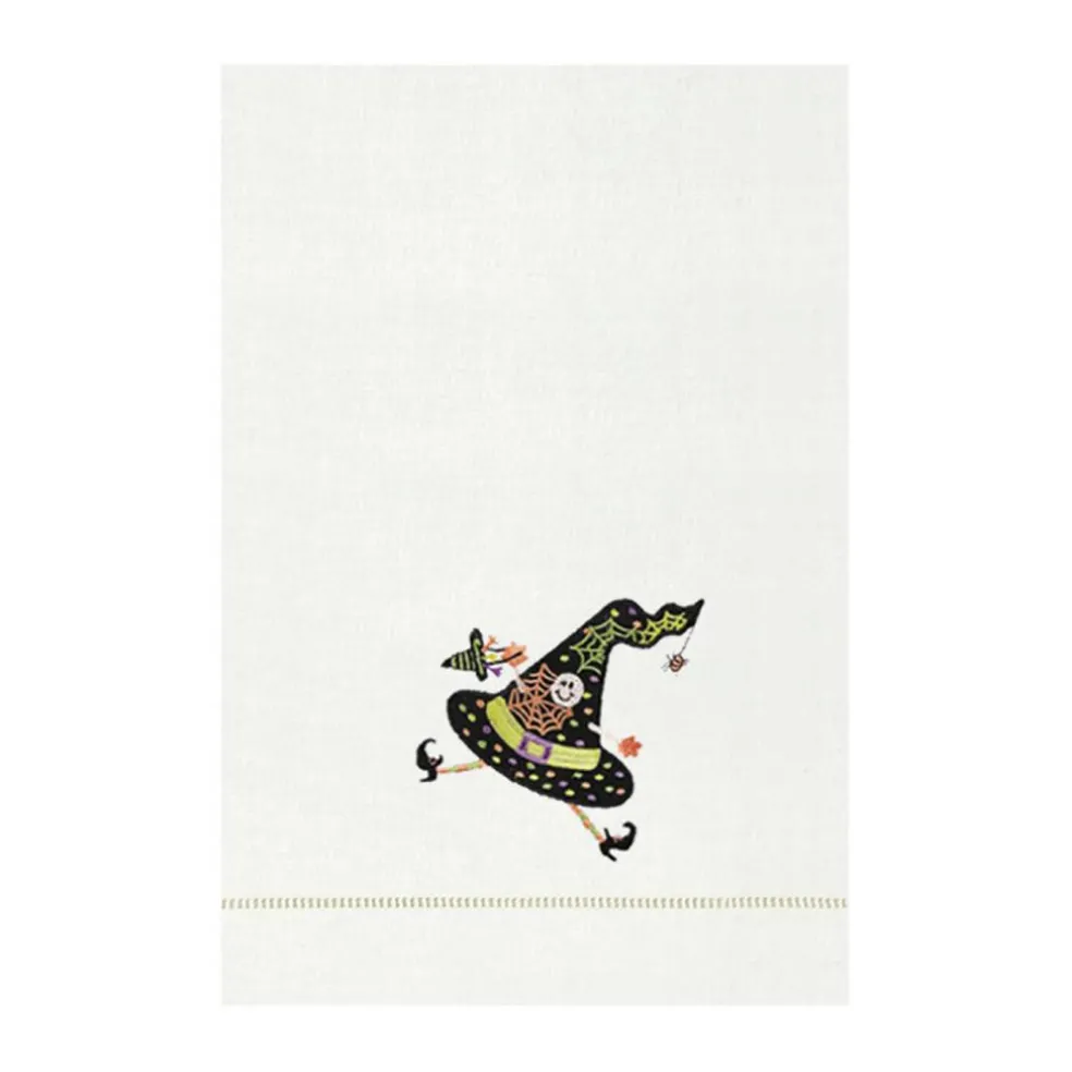 Ms. Muffet Cream & Black Witch Hat Halloween Flour Sack Embroidered Dish Towel