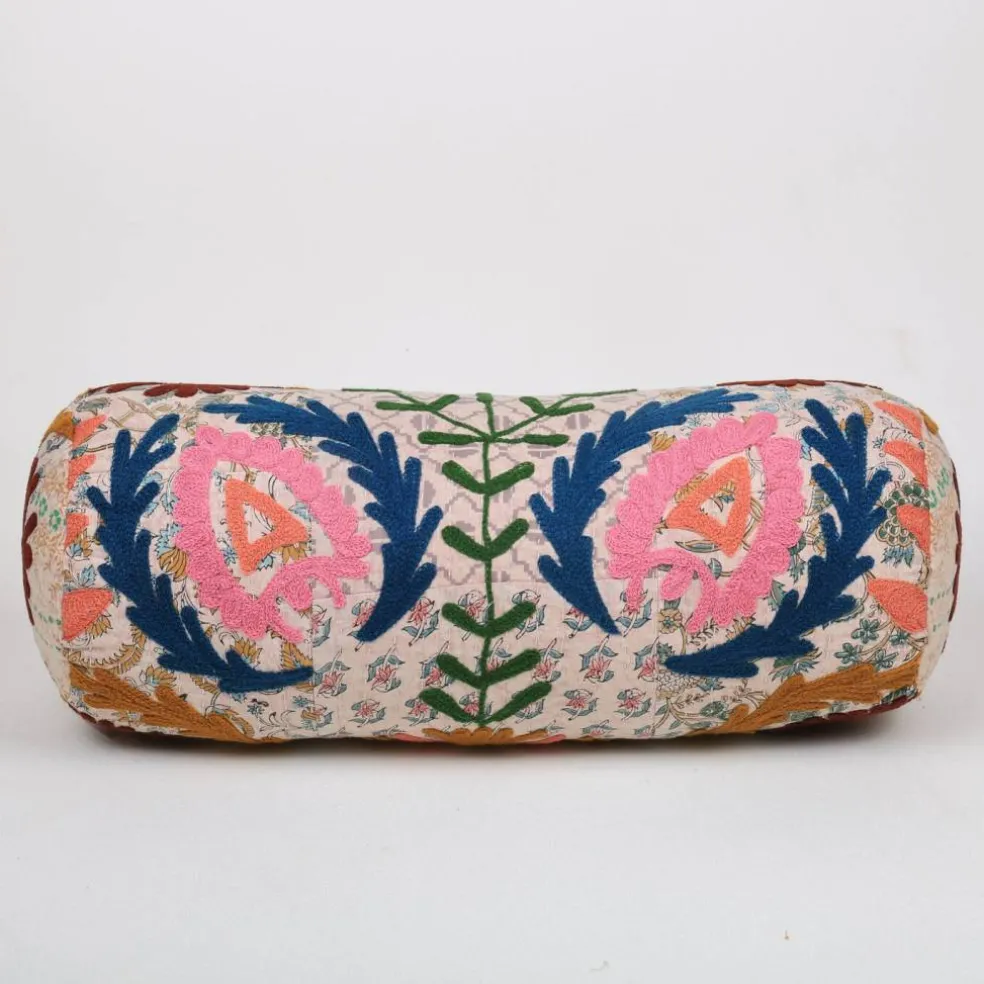 Multicolor Embroidered Bolster Pillow – Aari Wool Patchwork Decorative Cushion | 21x8 In