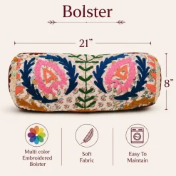 Multicolor Embroidered Bolster Pillow – Aari Wool Patchwork Decorative Cushion | 21x8 In