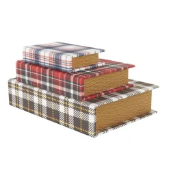 Multicolor Geometric Faux Book Storage Decorative Box with Plaid Inspired Pattern Set
