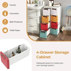 Multicolor PP Slim 4-Drawer Storage Cabinet with Wheels for Narrow Spaces