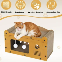 Multi-Functional Cat Scratcher House, Corrugated Cardboard Cat Bed with Hanging Pom-Pom Toys
