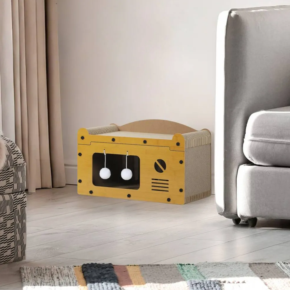 Multi-Functional Cat Scratcher House, Corrugated Cardboard Cat Bed with Hanging Pom-Pom Toys