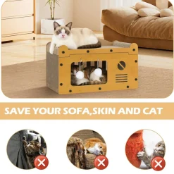 Multi-Functional Cat Scratcher House, Corrugated Cardboard Cat Bed with Hanging Pom-Pom Toys
