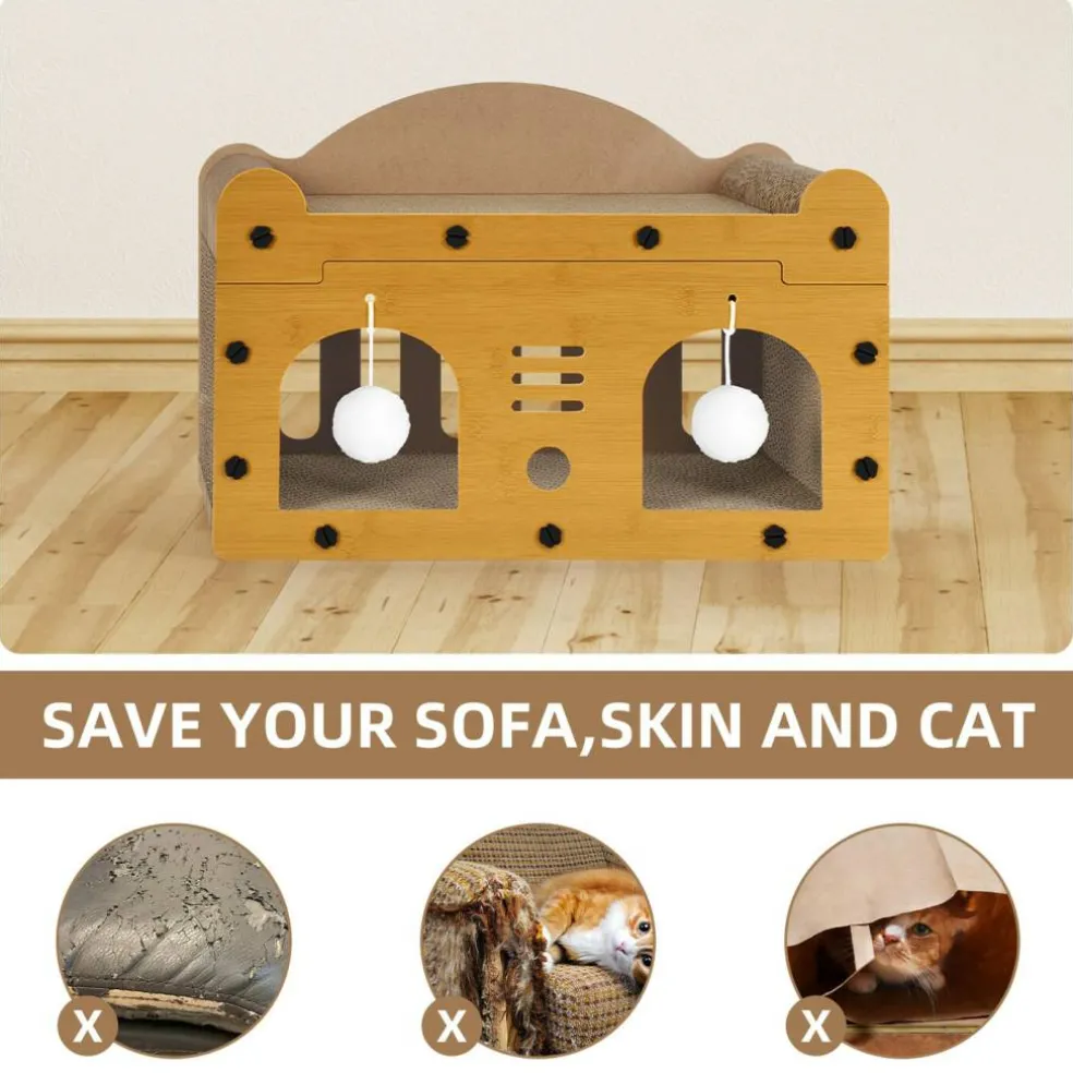 Multi-Functional Cat Scratcher House, Corrugated Cardboard Cat Bed with Hanging Toys