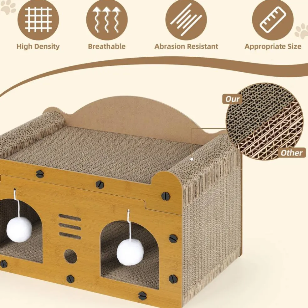 Multi-Functional Cat Scratcher House, Corrugated Cardboard Cat Bed with Hanging Toys