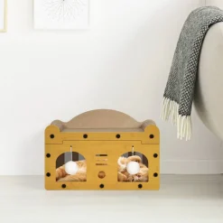 Multi-Functional Cat Scratcher House, Corrugated Cardboard Cat Bed with Hanging Toys