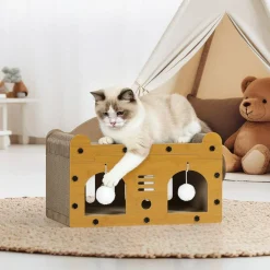 Multi-Functional Cat Scratcher House, Corrugated Cardboard Cat Bed with Hanging Toys