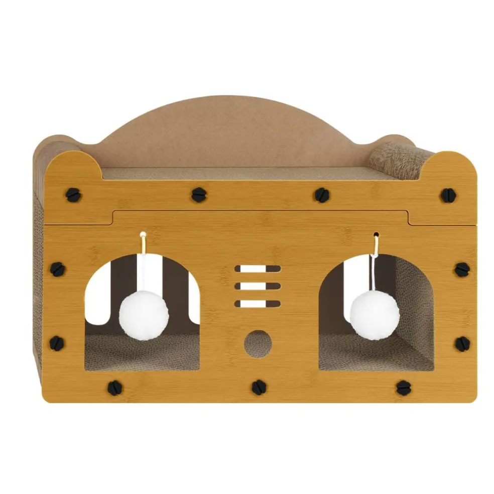 Multi-Functional Cat Scratcher House, Corrugated Cardboard Cat Bed with Hanging Toys