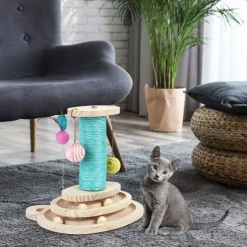 Multifunctional Interactive Cat Toy, Wooden Turntable Ball Toy with Sisal Scratcher Post and Feather Teaser