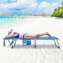 Multi-Position Foldable Beach Recliner Backrest Chair with Pillow and Face Down Hole for Yard and Sunbathing