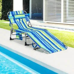 Multi-Position Foldable Beach Recliner Backrest Chair with Pillow and Face Down Hole for Yard and Sunbathing