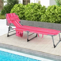 Multi-Position Foldable Beach Recliner Backrest Chair with Pillow and Face Down Hole for Yard and Sunbathing