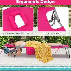 Multi-Position Foldable Beach Recliner Backrest Chair with Pillow and Face Down Hole for Yard and Sunbathing