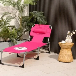Multi-Position Foldable Beach Recliner Backrest Chair with Pillow and Face Down Hole for Yard and Sunbathing