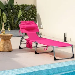 Multi-Position Foldable Beach Recliner Backrest Chair with Pillow and Face Down Hole for Yard and Sunbathing