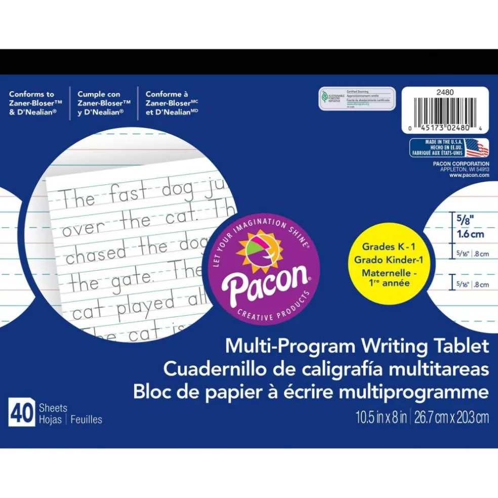 Multi-Program Handwriting Tablet, D'Nealian/Zaner-Bloser, 5/8" x 5/16" x 5/16" Ruled Long, 10-1/2" x 8", 40 Sheets