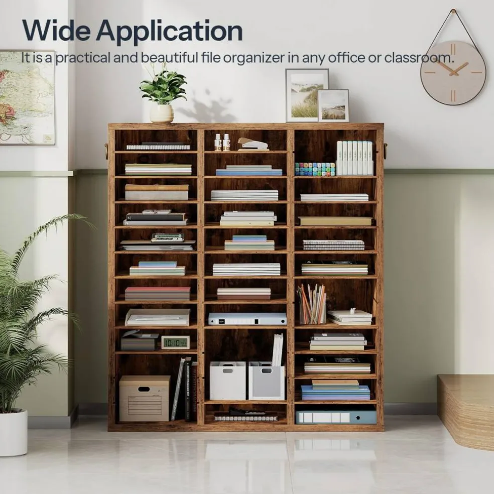 Multi Slot Literature Organizer Black Brown Filing Cabinet with Adjustable Compartments for Office Library Classroom Storage