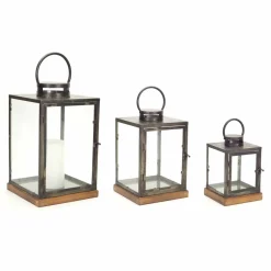 Natural and Pewter Wood, Metal & Glass Lantern Set, 12'', 16.5'' & 21.5''