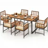 Natural Black Acacia Wood Metal 7-Piece Patio Dining Set Rectangular Table Armchairs Cushioned Seats