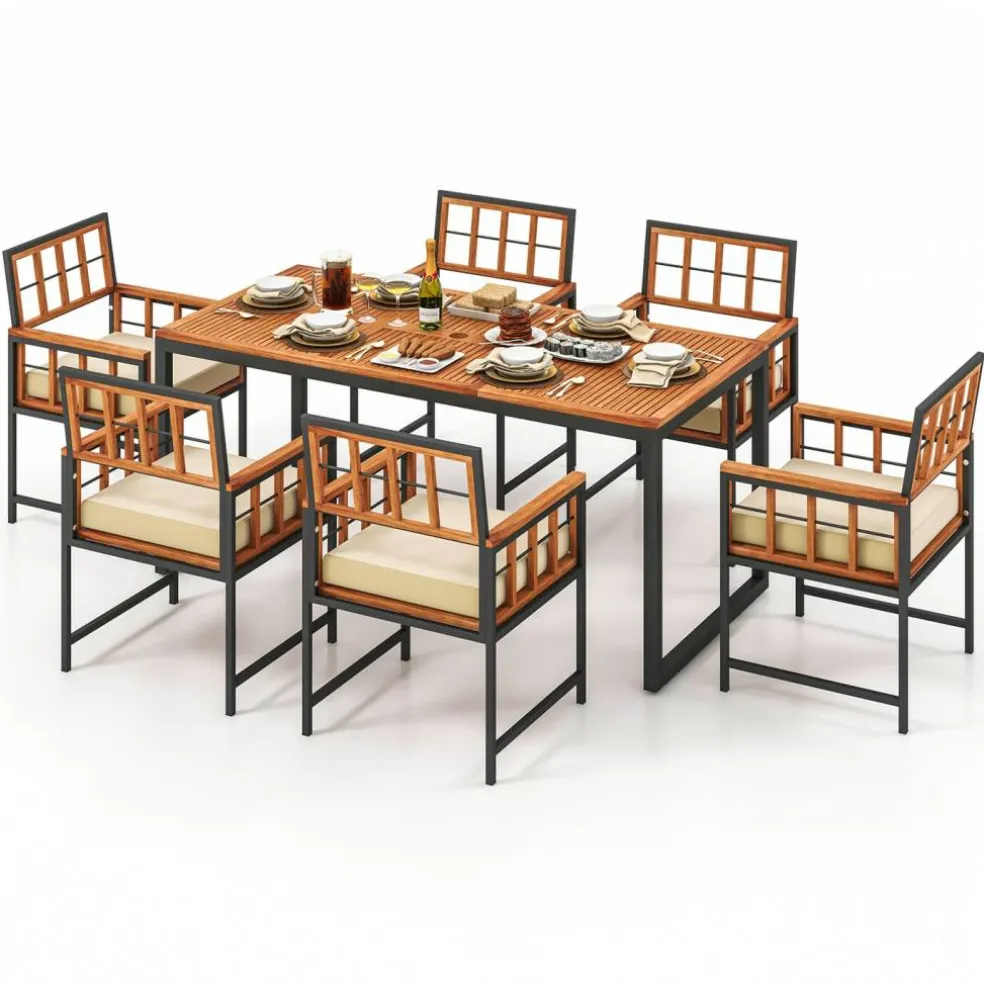 Natural Black Acacia Wood Metal 7-Piece Patio Dining Set Rectangular Table Armchairs Cushioned Seats