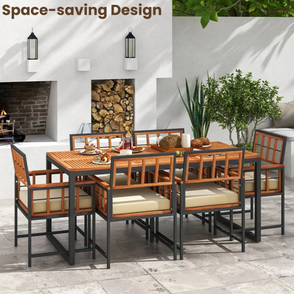 Natural Black Acacia Wood Metal 7-Piece Patio Dining Set Rectangular Table Armchairs Cushioned Seats