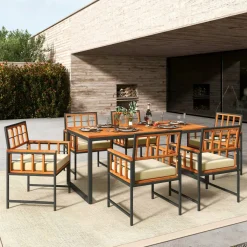 Natural Black Acacia Wood Metal 7-Piece Patio Dining Set Rectangular Table Armchairs Cushioned Seats