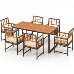 Natural Black Acacia Wood Metal 7-Piece Patio Dining Set Rectangular Table Armchairs Cushioned Seats