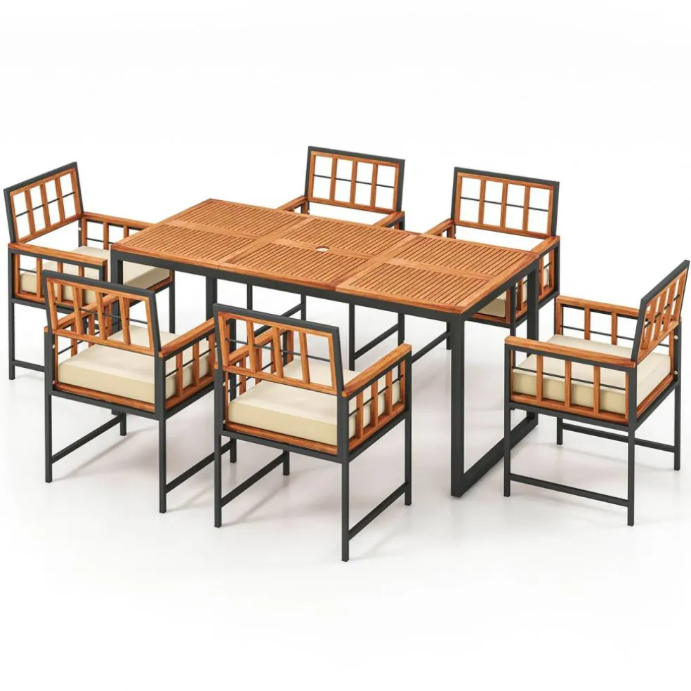 Natural Black Acacia Wood Metal 7-Piece Patio Dining Set Rectangular Table Armchairs Cushioned Seats