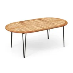 Natural Black 79" Oval Outdoor Dining Table with Acacia Wood Top and Umbrella Hole for 8 People Patio Garden Deck
