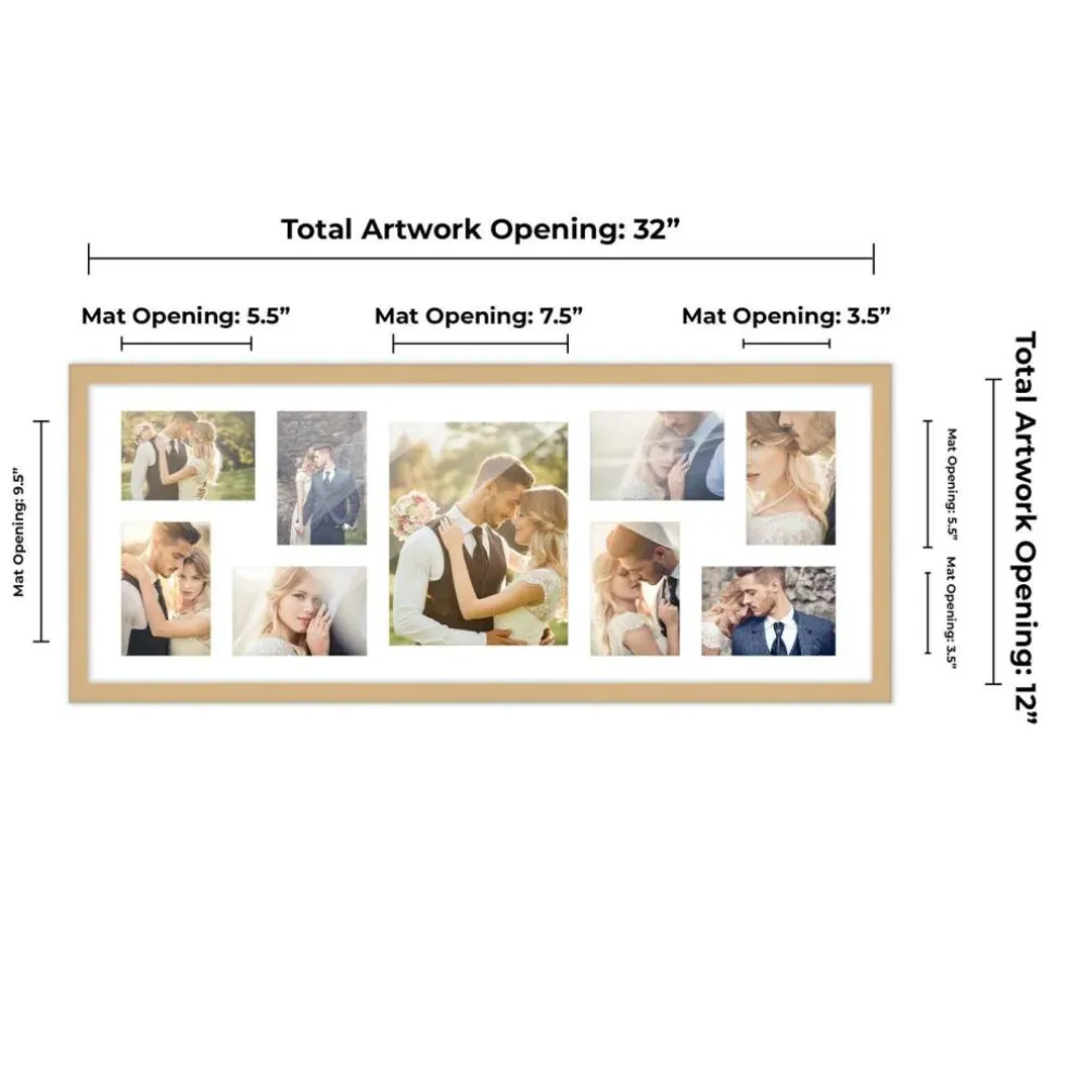 Natural Finish Collage Frame - White Mat, 20 Frame Sizes to Choose From, UV Acrylic, Wall Hanging Hardware, Vertical or Horizontal Display