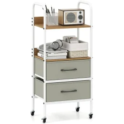 Natural Grey White Rolling Storage Cart 2-Tier Shelves 2 Fabric Drawers