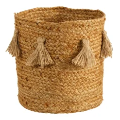 12.5'' Natural Hand-Woven Jute Boho Chic Basket Planter with Tassels