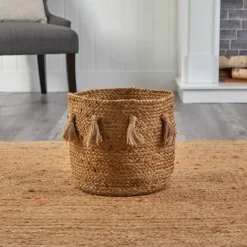 12.5'' Natural Hand-Woven Jute Boho Chic Basket Planter with Tassels