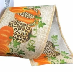 2.5" Natural Linen Cheetah Pumpkin Ribbon: Orange (10 Yards)