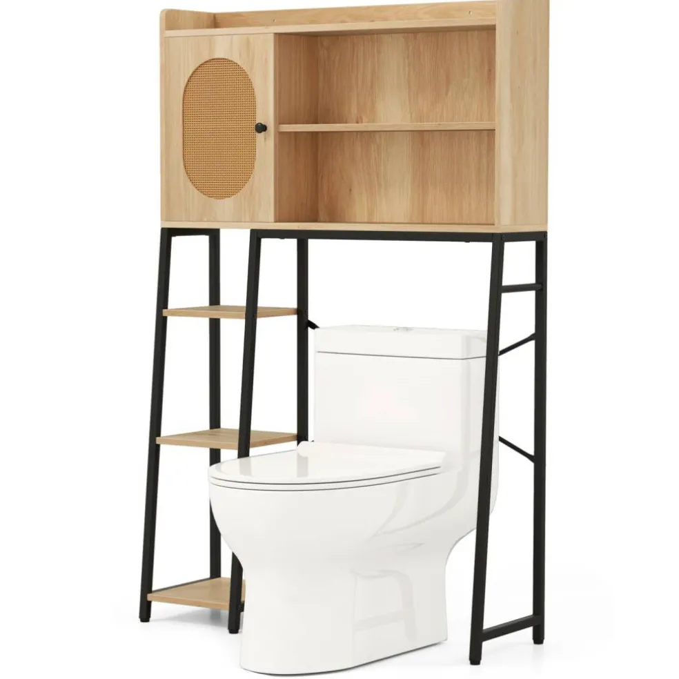 Natural PE Rattan and Engineered Wood Toilet Rack with Adjustable Shelves