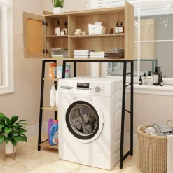 Natural PE Rattan and Engineered Wood Toilet Rack with Adjustable Shelves