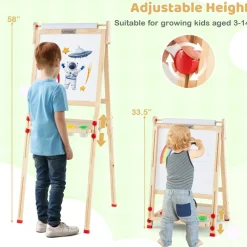 Natural Pine Wood Kids Art Easel 3 In 1 Magnetic Whiteboard Chalkboard Adjustable Height Foldable With Accessories Set For Kids 3–14