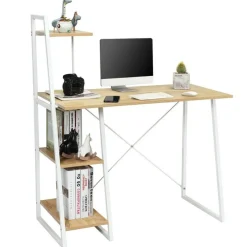 Natural White Computer Desk 4-Tier Particle Board Iron Frame X Design
