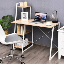 Natural White Computer Desk 4-Tier Particle Board Iron Frame X Design
