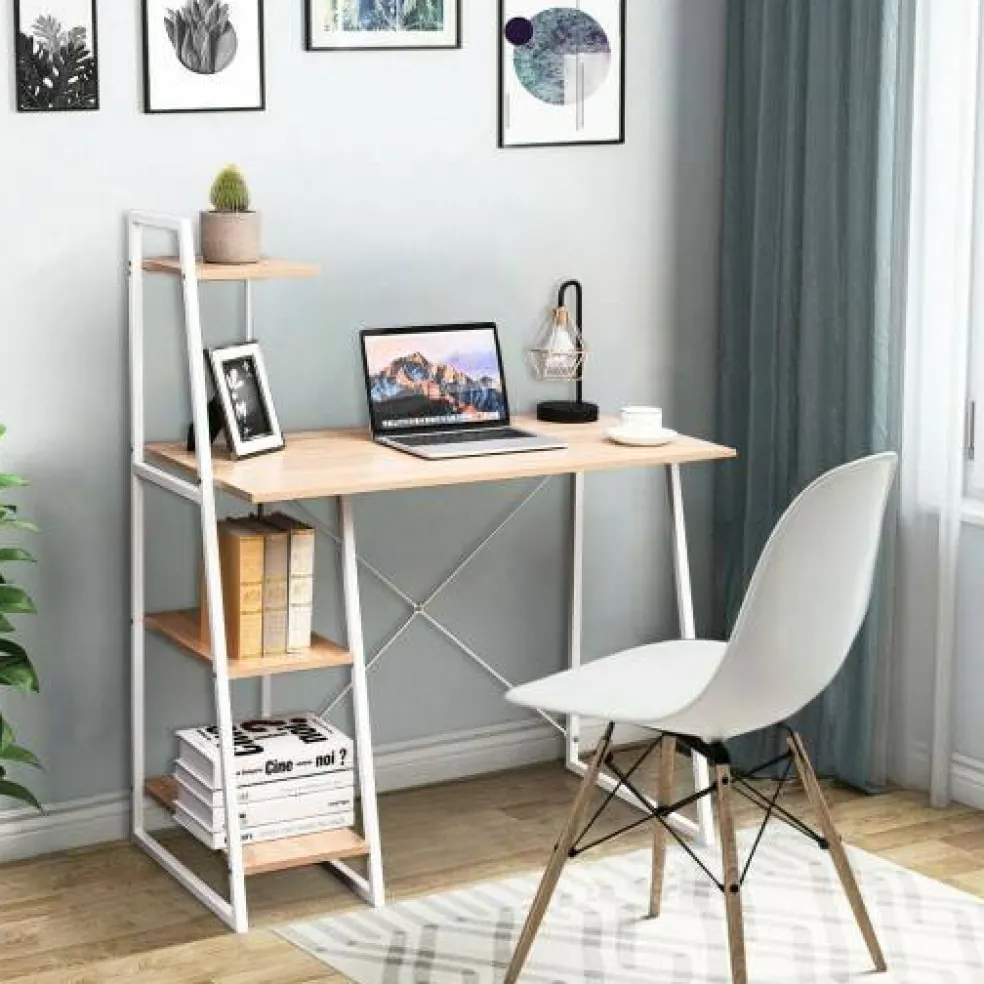 Natural White Computer Desk 4-Tier Particle Board Iron Frame X Design
